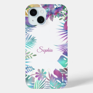 Funda Para iPhone 15 Hojas Tropicales, Nombre en Escritura sobre Blanco