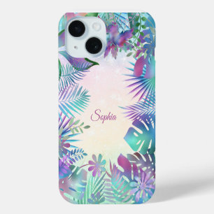 Funda Para iPhone 15 Hojas Tropicales, Ómbre Verde y Turquesa, Nombre e