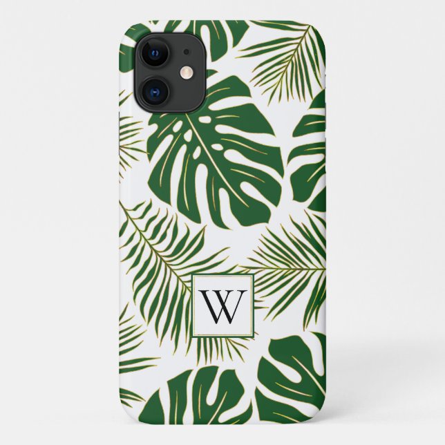 Funda De Case-Mate Para iPhone Hojas tropicales verdes y doradas y monograma (Reverso)