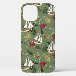 Funda Para iPhone 12 Hojas tropicales vintage, barco y mar de cuerda de