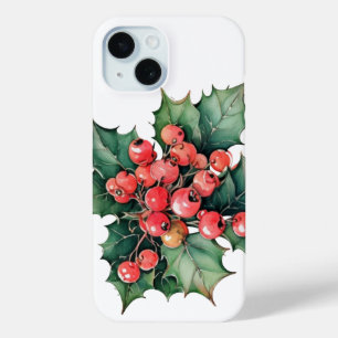 Funda Para iPhone 15 Hojas y bayas de acebo en acuarela vintage