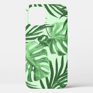 Funda Para iPhone 12 Hojas y flores tropicales, patrón de acuarela.
