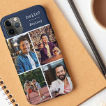 Funda Para iPhone 11 Pro Max ¡Hola! 4 Collage de fotos azul oscuro personalizad<br><div class="desc">Cree su propio estuche para teléfono personalizado para iphone 11 pro max y muchos otros modelos. El diseño presenta un collage de fotos en forma de cuadrícula con 4 de tus fotos favoritas, tu nombre y la palabra hola! La plantilla de fotos está preparada para que añadas tus fotos, trabajando...</div>