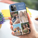 Funda Para iPhone 11 Pro Max ¡Hola! 4 Collage de fotos azul personalizado<br><div class="desc">Crea tu propio estuche de teléfono fotográfico personalizado para iphone 11 pro max y muchos otros modelos. El diseño presenta un collage de fotos en forma de cuadrícula con 4 de tus fotos favoritas, tu nombre y la palabra ¡Hola! en texto de máquina de escribir. La plantilla de fotos está...</div>
