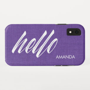 Funda Para iPhone XR Hola White Script Name Purple Linen Textura Foto