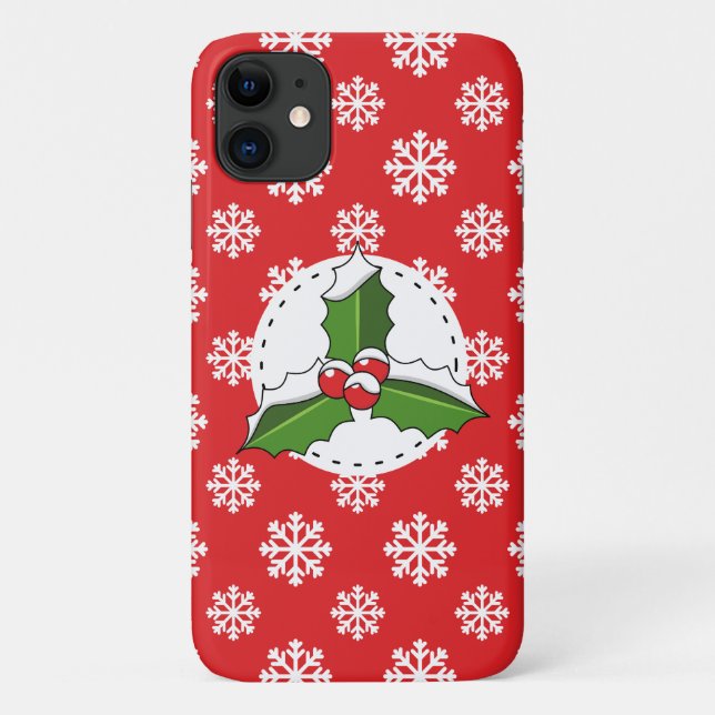 Funda De Case-Mate Para iPhone Holly Berry on Red White Snowflakes Pattern (Reverso)