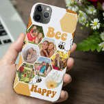 Funda Para iPhone 11 Pro Max Honeycomb 6 Collage de fotos Bee Happy<br><div class="desc">Estuche de teléfono con foto de personalizado con tema de abeja. Diseño divertido y feliz con collage de fotos de panadería y "Bee Happy" con letras retro. La plantilla de fotos está configurada para agregar 6 de sus imágenes favoritas que se mostrarán automáticamente en las formas hexágonas. El diseño se...</div>