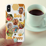 Funda Para iPhone XS Max Honeycomb 7 Collage de fotos Bee Happy<br><div class="desc">Estuche de teléfono con foto de personalizado con tema de abeja. Diseño divertido y feliz con collage de fotos de panadería y "Bee Happy" con letras retro. La plantilla de fotos está configurada para agregar 7 de sus imágenes favoritas que se mostrarán automáticamente en las formas hexágonas. El diseño se...</div>