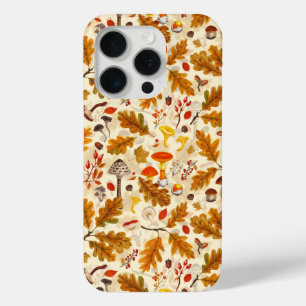 Funda Para iPhone 15 Pro Hongos forestales y flora otoñal en crema