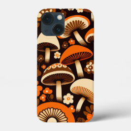 Funda Para iPhone 13 Mini Hongos y flores marrones y Naranjas retro de los a