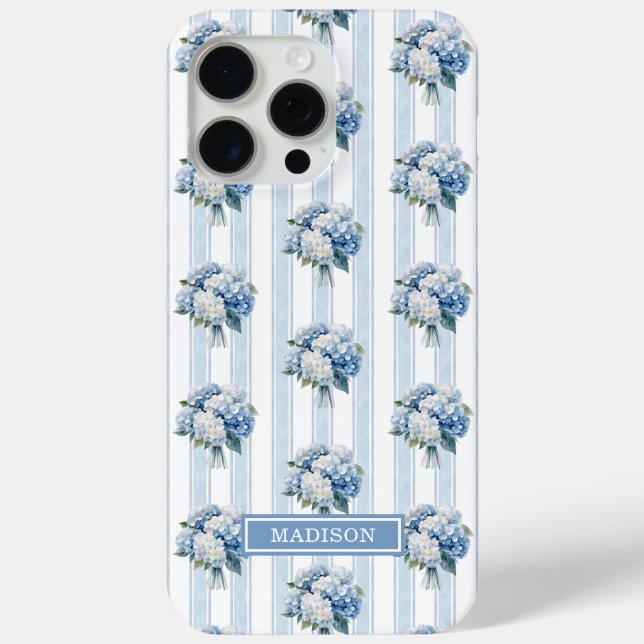 Funda De Case-Mate Para iPhone Hortensias Azules sobre Rayas (Reverso )