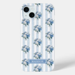Funda Para iPhone 15 Mini Hortensias Azules sobre Rayas