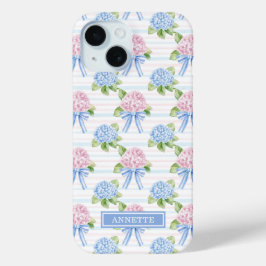 Funda Para iPhone 15 Hortensias Azules y Rosas Rayadas