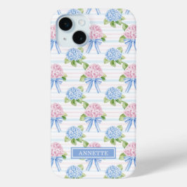 Funda Para iPhone 15 Mini Hortensias Azules y Rosas Rayadas