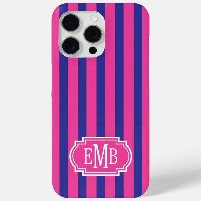 Funda De Case-Mate Para iPhone Hot Pink and Navy Blue Monogrammed Stripes (Reverso )