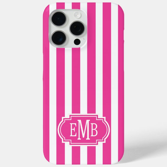 Funda De Case-Mate Para iPhone Hot Pink and White Monogrammed Stripes (Reverso )