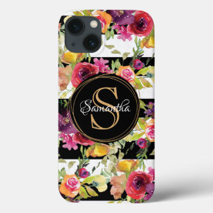Funda Para iPhone 13 Huella de patrón floral de Borgoña Girona Monogram