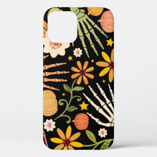 Funda Para iPhone 12 Huesos de Halloween, patrón sin costuras florales.