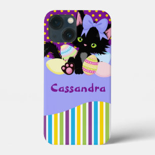 Funda Para iPhone 13 Mini Huevos de pascua de gatito negro y rayas