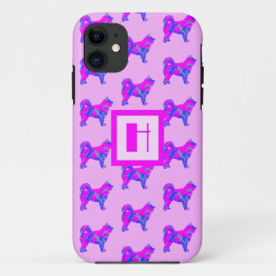 Funda Para iPhone 11 Husky Siberian Dog Lover Monograma rosa y azul