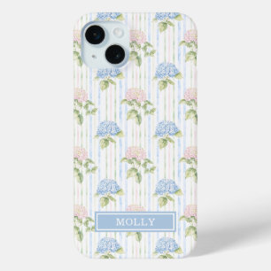 Funda Para iPhone 15 Mini Hydrangea Azul Acuarela Rayada Personalizada