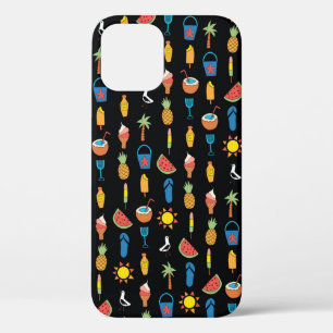 Funda Para iPhone 12 Iconos de verano sin fisuras patrón vintage negro.