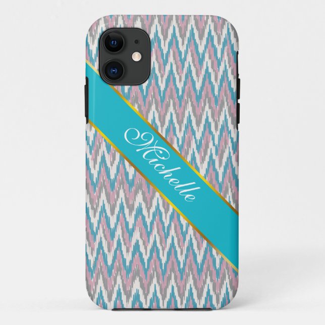 Funda De Case-Mate Para iPhone Ikat rosa y azul turbio (Reverso)