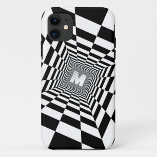 Funda Para iPhone 11 Ilusión óptica en blanco y negro, monograma blanco