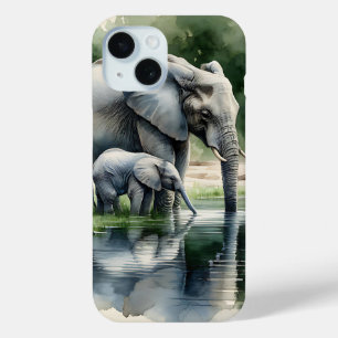 Funda Para iPhone 15 Ilustracion acuático de mamá y bebé elefante