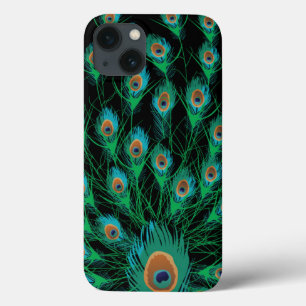 Funda Para iPhone 13 Ilustracion con plumas de pavo real en negro