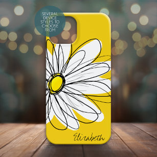 Funda Para iPhone 15 Ilustracion Daisy Floral de moda - negro y amarill