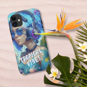 Funda Para iPhone 11 Ilustración de DJ de Blue White Tropical Vibes
