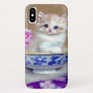 Funda Para iPhone X Ilustracion de gatito blanco vintage