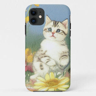 Funda Para iPhone 11 Ilustracion de gatito vintage con flores amarillas
