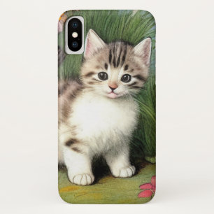 Funda Para iPhone X Ilustracion de gato vintage con flores rojas
