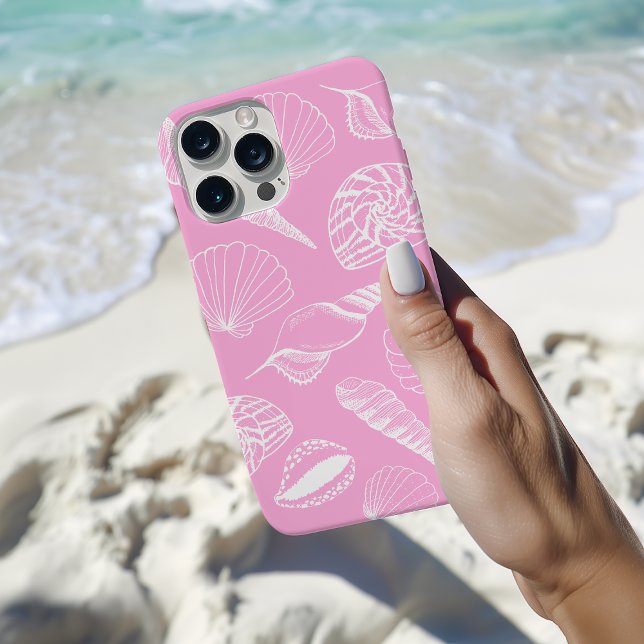 Funda De Case-Mate Para iPhone Ilustracion de la cubierta marina rosado (Pink seashell phone case with hand drawn illustrated sea shells on a pink background.)