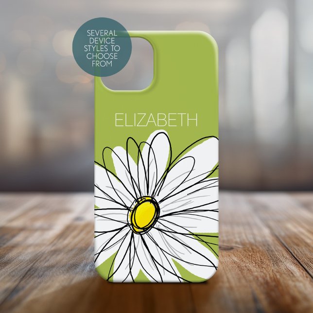 Funda De Case-Mate Para iPhone Ilustracion floral de moda Daisy lima verde (Personalized Phone Case with Whimsical Daisy and Custom Name)