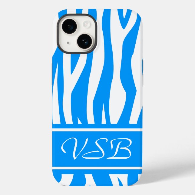 Funda De Case-Mate Para iPhone Impresión de cebra azul claro con monograma (Reverso )