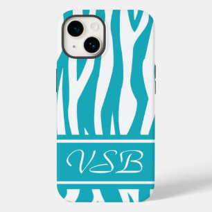 Funda Para iPhone 14 De Case-Mate Impresión de cebra turquesa con monograma