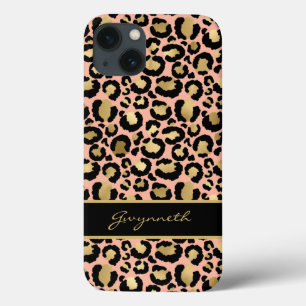 Funda Para iPhone 13 Impresión de Leopardo Negro Oro Peach con tu nomb