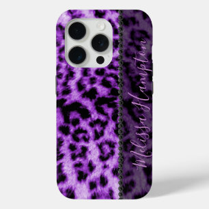 Funda Para iPhone 15 Pro Impresión de leopardo púrpura y diamantes negros -