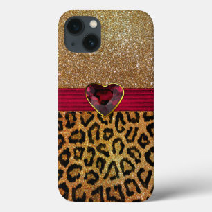 Funda Para iPhone 13 Impresión de leopardo Purpurinoso de oro y corazón