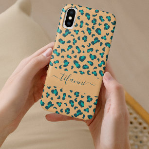 Funda Para iPhone X Impresión de leopardo teal marrón claro nombre edi