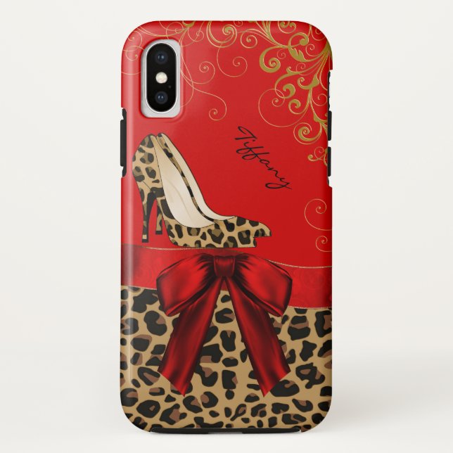 Funda De Case-Mate Para iPhone Impresión de moda roja y leopardo (Reverso)