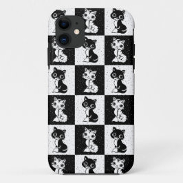Funda Para iPhone 11 Impresión de monograma de gato blanco negro