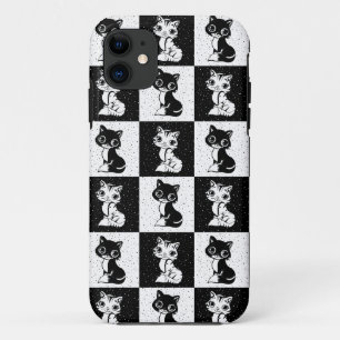 Funda Para iPhone 11 Impresión de monograma de gato blanco negro