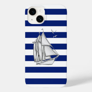 Funda Para iPhone 14 De Case-Mate Impresión de velero Chrome sobre rayas navy