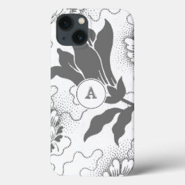 Funda Para iPhone 13 Impresión floral blanca gris simple con monograma
