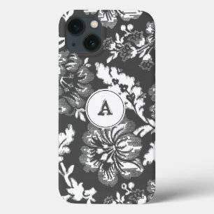 Funda Para iPhone 13 Impresión floral blanca gris vintage con monograma