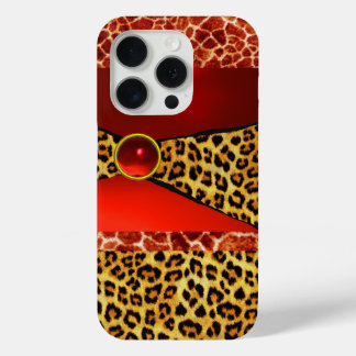FUNDA PARA iPhone 15 PRO IMPRESIÓN GIRAFFE LEOPARD PIEL ROJO RUBY GEMSTONE